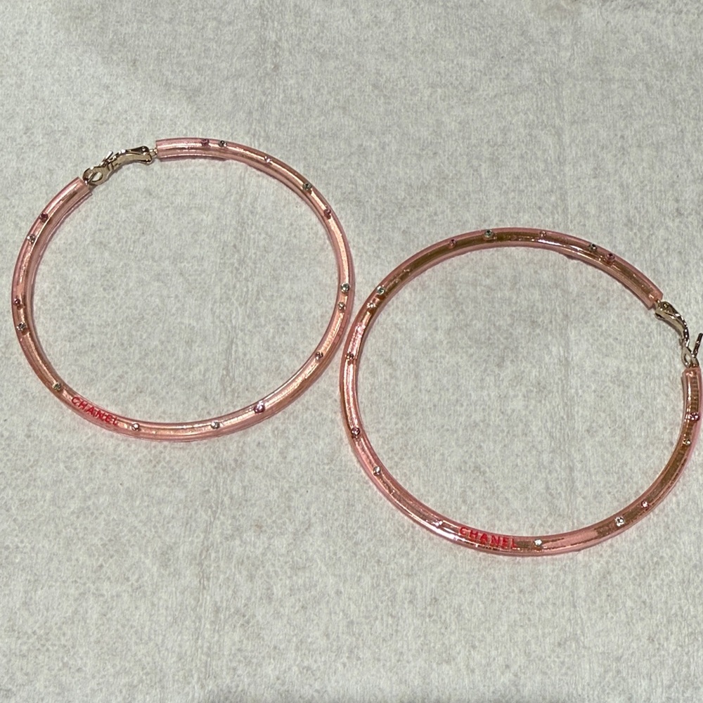 CHANEL Pink and Gold-Tone Hoop Earrings